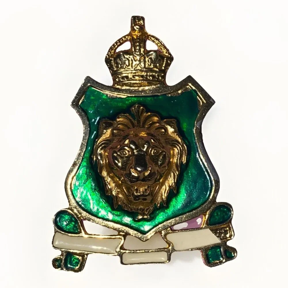 Lion Shield Enamel Brooch Pin Gold Green Enamel Metal Animal Crest Needs Repair